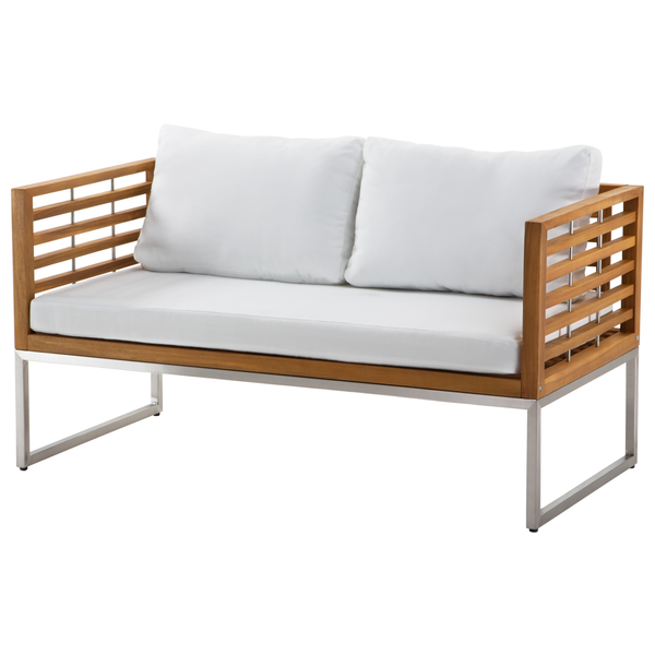 Gartenbank mit Holzrahmen und Metallbeinen mit Polster