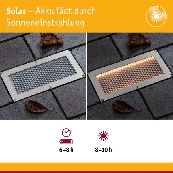 Rechteckige Solar Bodenleuchte aus Edelstahl eingebaut in Pflastersteinboden mit Funktionsgrafik zur Akkuladung und Leuchtdauer.