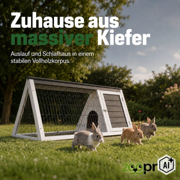 Kleintierstall aus massivem Kiefernholz mit Auslauf und Schlafhaus für Kaninchen auf einer Wiese, Zooprinz Logo.