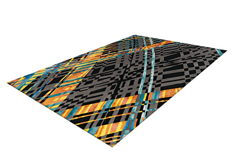 Rechteckiger Teppich mit abstraktem geometrischem Muster in bunten Farben.