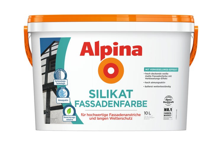 Alpina Silikat Fassadenfarbe, weiß, matt, hoch deckend, atmungsaktiv, wetterbeständig, konservierungsmittelfrei, 10 Liter.