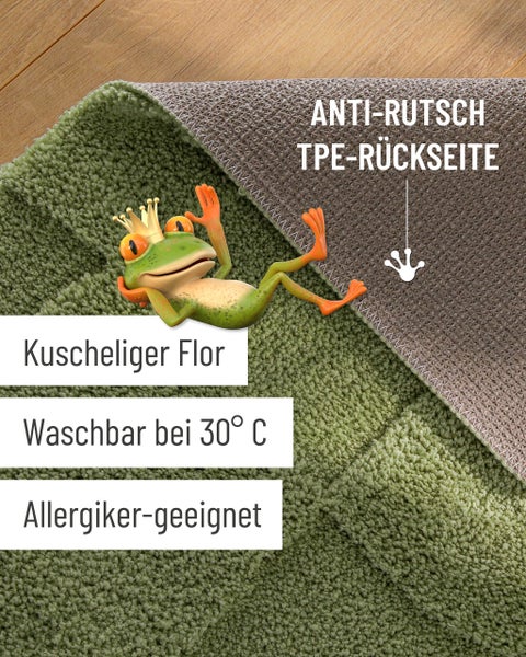 Badematte mit weichem Flor, rutschfester TPE-Rückseite, waschbar bei 30 Grad Celsius und für Allergiker geeignet.