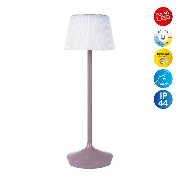 Solar-Akkutischleuchte EMMI  38 cm hoch, Schirm Ø 13 cm, Metall in Brombeer und weißer Kunststoff, für den Außenbereich, dimmbar CCT.