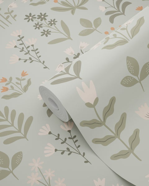 ESTAhome Tapete Feldblumen Hell Graugrün und Beige - 50 x 900 cm - 131097