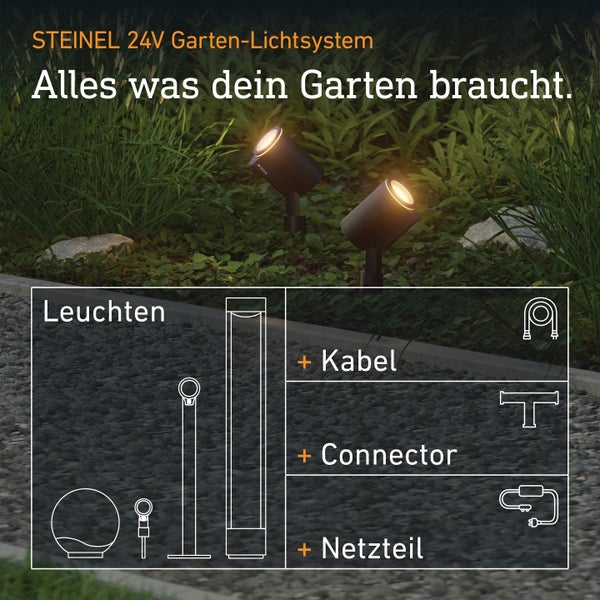 Das Steinel 24 Volt Garten Lichtsystem umfasst Leuchten, Kabel, Connectoren und ein Netzteil für eine flexible Gartenbeleuchtung.