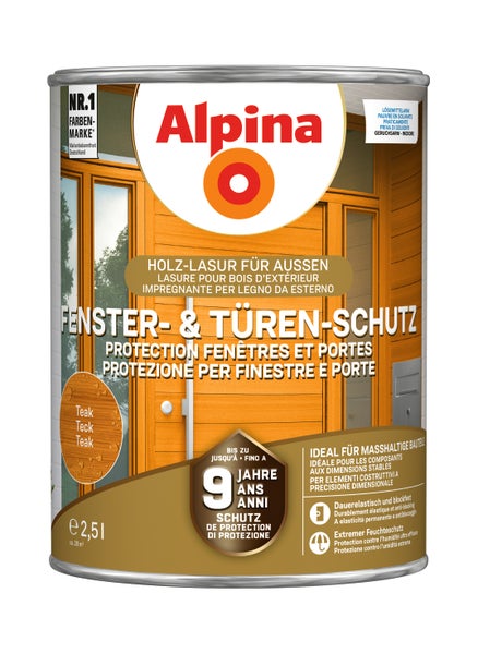 Alpina Fenster und Türen Schutz Holzlasur für Außen in Teak, 2,5 Liter Gebinde für dauerelastischen Holzschutz mit bis zu 9 Jahren Schutz.