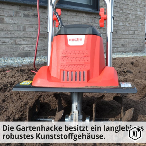 Elektrische Gartenhacke von Hecht mit Kunststoffgehäuse bei der Arbeit im Gartenboden