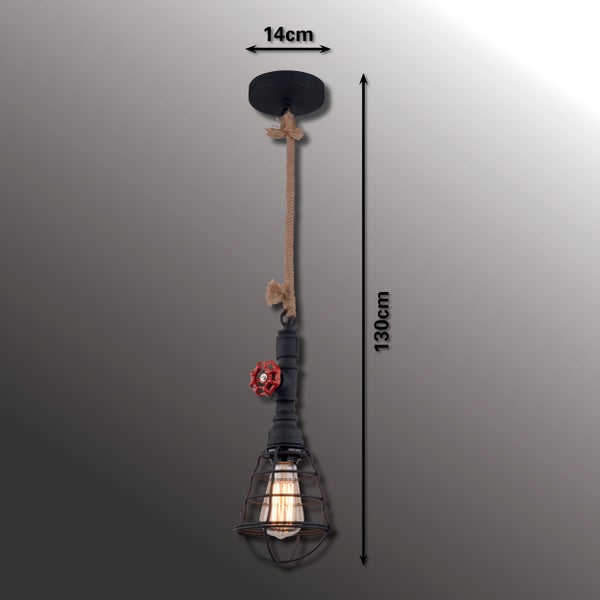 Hängeleuchte mit Seilaufhängung und Metallkäfig, Durchmesser 14 cm, Länge 130 cm