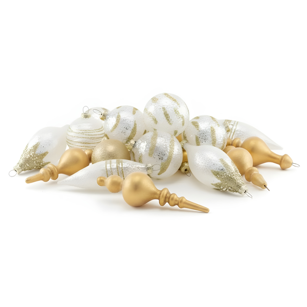 Weihnachtskugel aus Glas, transparent mit strukturierten horizontalen Goldglitzer-Streifen und goldener Aufhängung.