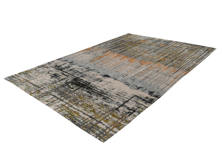 Moderner Teppich mit abstraktem Streifenmuster in Grau, Orange und Schwarz.