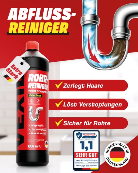 Vexil Rohrreiniger Power Konzentrat in der 1000 Milliliter Flasche zur Beseitigung von Abflussverstopfungen und Haaren in Rohren.