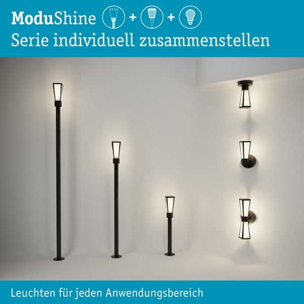 Set bestehend aus Mast, Leuchtenkopf und Bewegungsmelder für eine Außenleuchte, montiert als stehende Wegleuchte.
