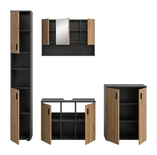 Mehrteiliges Badezimmermöbel-Set in Anthrazit und Eichenoptik mit Hochschrank, Waschbeckenunterschrank, Spiegelschrank und Seitenschrank.