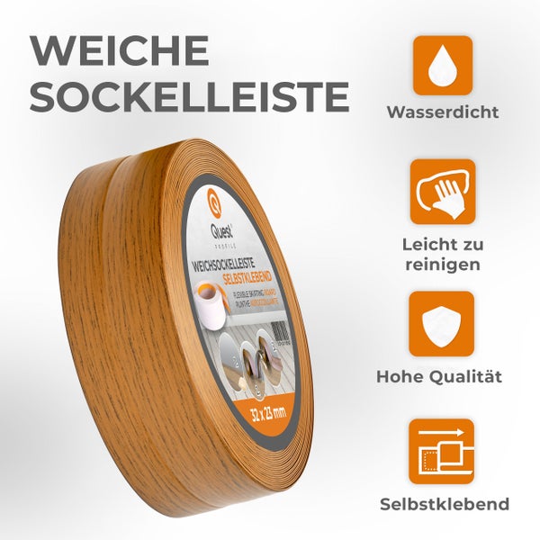 Quest Weichsockelleiste Selbstklebend 32 x 23 mm, PVC Sockelleiste, Flexibel, Eiche Rustikal, 15 Meter