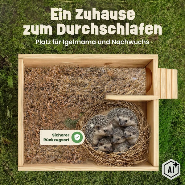 Igelhaus aus Holz als sicherer Rückzugsort für Igel mit einer Igelmutter und ihren Jungen im Nest.