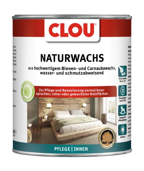CLOU Logo, CLOU Naturwachs 750 Milliliter Dose, Holzpflege aus Bienenwachs und Carnaubawachs für innen, lichtecht und für Kinderspielzeug geeignet.