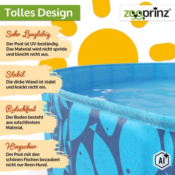 Zooprinz Hundepool mit UV-beständigen, stabilen Seitenwänden und rutschfestem Boden mit Fischmuster.