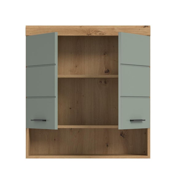 Hängeschrank für das Badezimmer mit zwei grünen Türen und Korpus in Holzoptik, innenliegende Fachböden und ein offenes Fach unten.