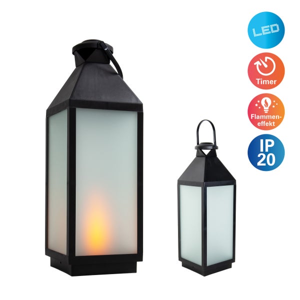 LED Dekoleuchte Laterne DORIS aus Kunststoff und Glas in Schwarz, integrierte LED, für Innen
