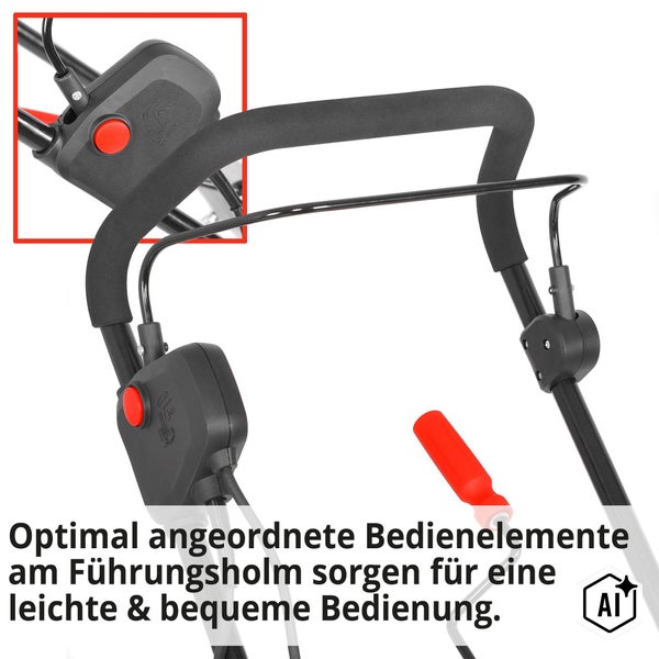 Führungsholm eines Rasenmähers mit ergonomischen Bedienelementen und Schaltern für eine bequeme Handhabung.