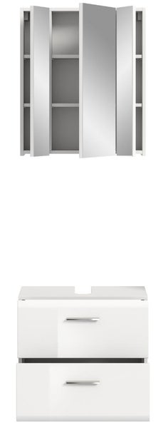 Badezimmermöbel-Set mit dreitürigem Spiegelschrank inklusive Ablagen und weißem Waschbeckenunterschrank mit zwei Schubladen.