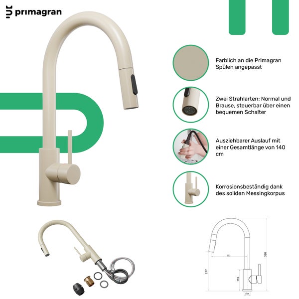 Spültischarmatur mit ausziehbarem Auslauf und Zubehör von Primagran