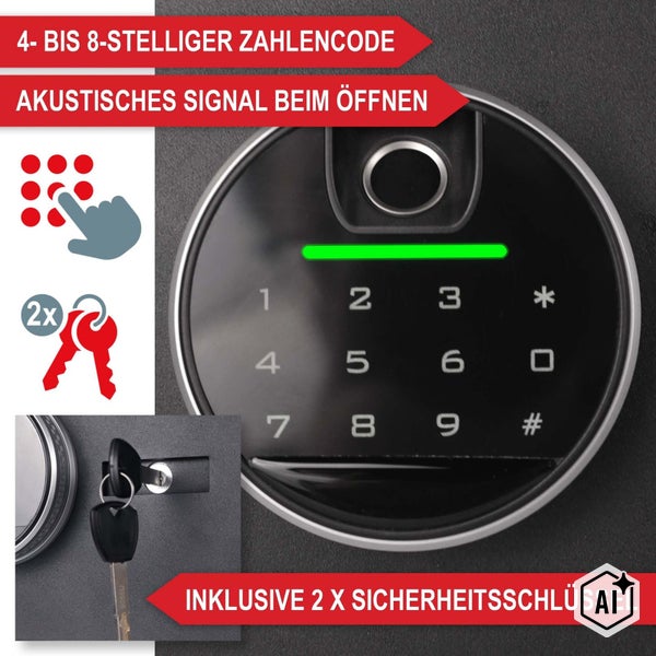 Elektronisches Zahlenschloss für Tresor mit Ziffernfeld, akustischer Bestätigung, Notöffnung per Schlüssel und zwei Sicherheitsschlüsseln.