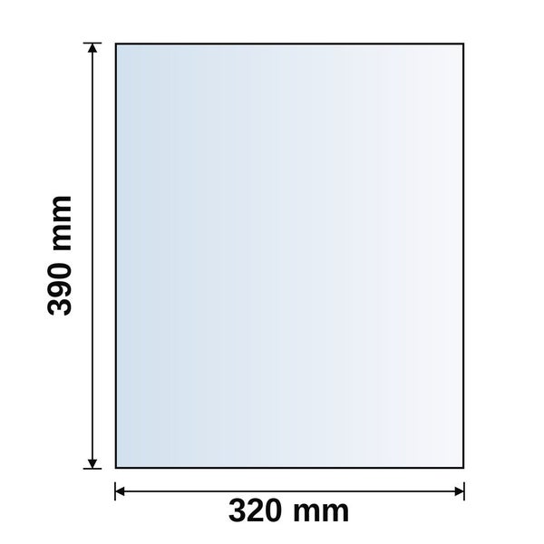 Rechteckige Fläche mit Abmessungen von 390 Millimeter mal 320 Millimeter.