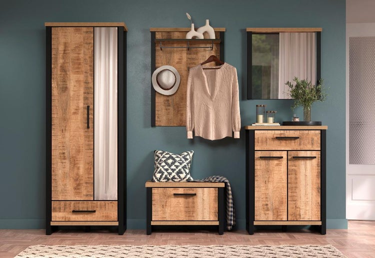 Flurmöbelset mit Garderobenschrank, Wandpaneel, Bank, Spiegel und Kommode im modernen Design