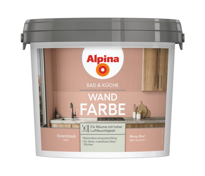 Alpina Wandfarbe für Bad und Küche, Farbton Rosenstaub matt, für circa 20 Quadratmeter, geeignet für Räume mit hoher Luftfeuchtigkeit.