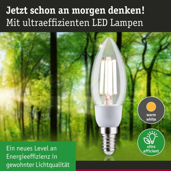 LED Filament Kerzenlampe E14 mit Infografik zur Langlebigkeit von 50000 Stunden bei 3,5 mal längerer Lebensdauer als herkömmliche Leuchtmittel