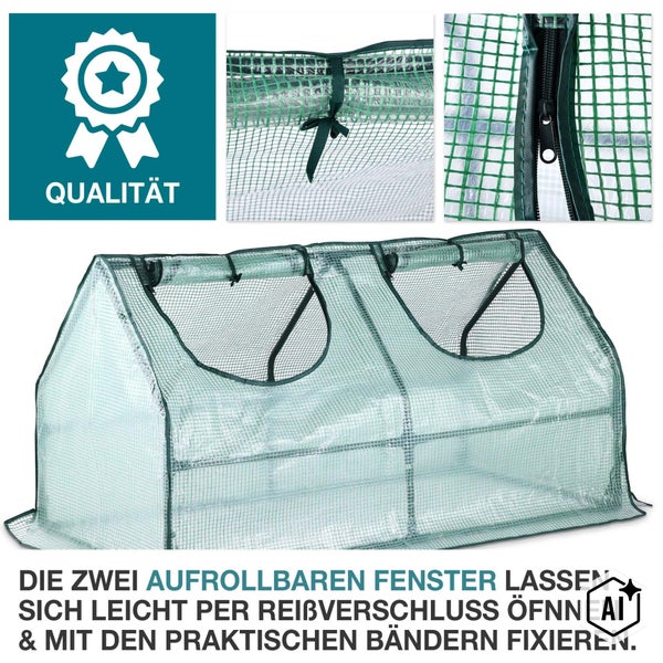 Folientunnel Gewächshaus mit zwei aufrollbaren Fenstern, Reißverschlüssen und Befestigungsbändern für eine optimale Belüftung.