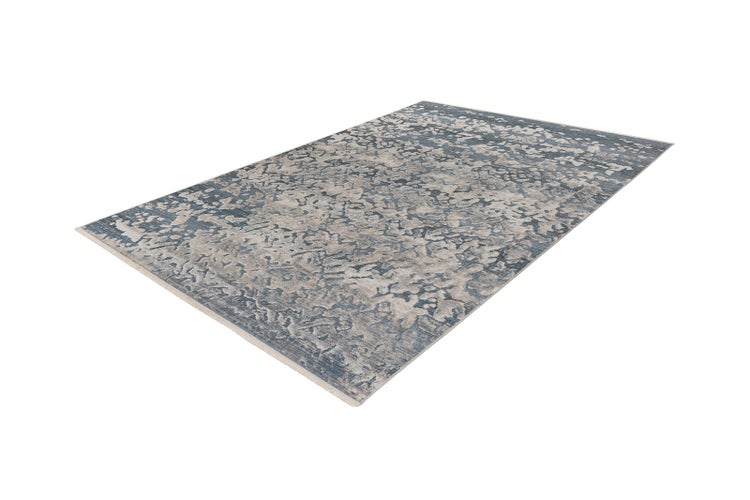 Rechteckiger Teppich mit abstraktem Vintage-Muster in Blau und Grau.