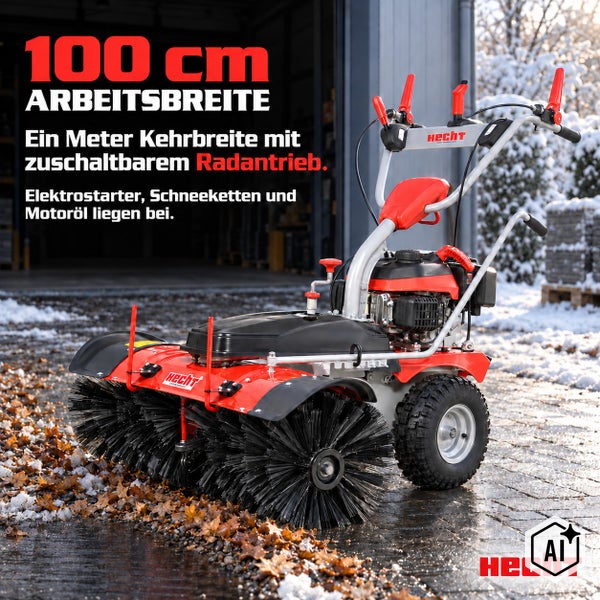 Hecht Kehrmaschine mit 100 Zentimeter Arbeitsbreite, zuschaltbarem Radantrieb, Elektrostart, Schneeketten und Motoröl für den Wintereinsatz.