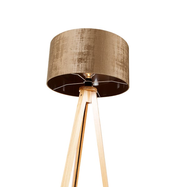 QAZQA - Modern Stehlampe Holz mit Stoffschirm braun 50 cm - Tripod I Dreifuß Lampe I Dreifuss Classic I Wohnzimmer I Schlafzimmer - Textil Rund - LED geeignet E27