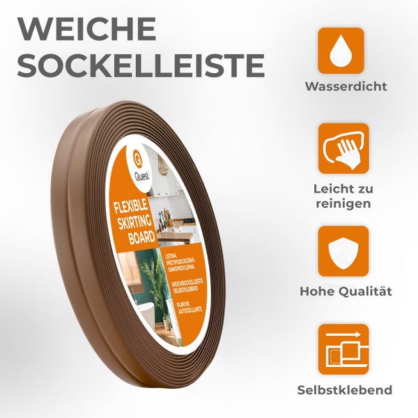 Eine Rolle selbstklebende, wasserdichte und leicht zu reinigende weiche Sockelleiste von Quest zur einfachen Montage.