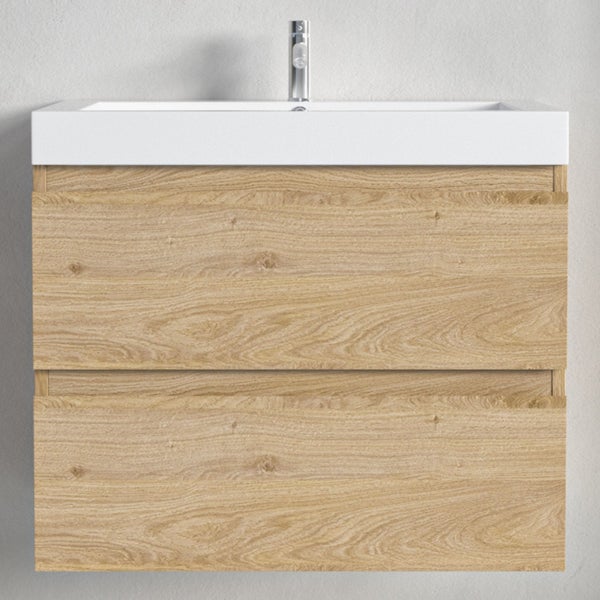 Moderner Badezimmer-Unterschrank hängend mit zwei Schubladen in Holzoptik und weißem Waschbecken mit Armatur.