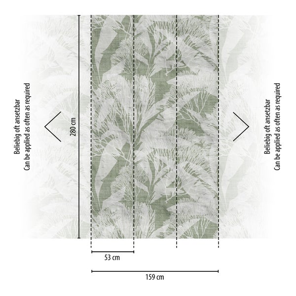 Fototapete mit botanischem Muster, Maße 280 Zentimeter Höhe und 159 Zentimeter Breite, bestehend aus drei Bahnen zu je 53 Zentimeter, beliebig oft ansetzbar.