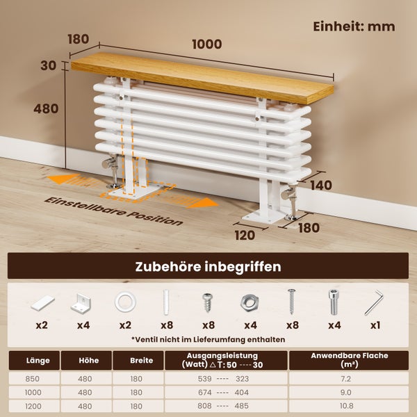 EMKE Designheizkörper mit Holzablage, Heizkörper mit Warmwasserbetrieb, horizontal, 674 Watt, 100 cm x 48 cm, Weiß
