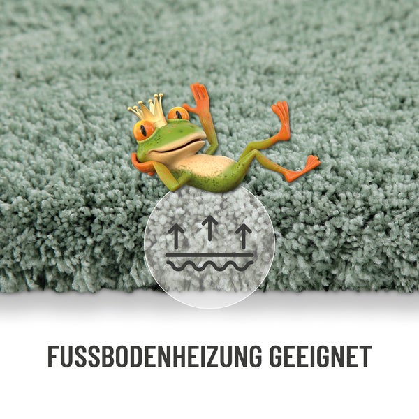Hochflorteppich mit Symbol für Eignung bei Fußbodenheizung und dekorativem Frosch.