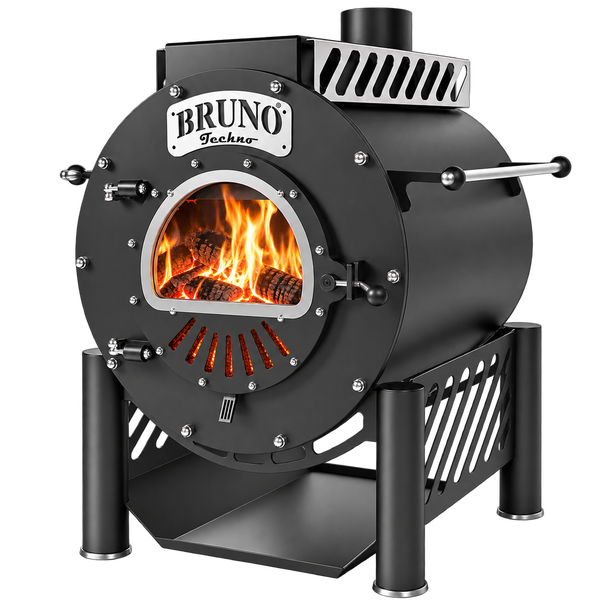 Bruno Techno Kaminofen aus Stahl mit Sichtfenster und brennendem Holzfeuer