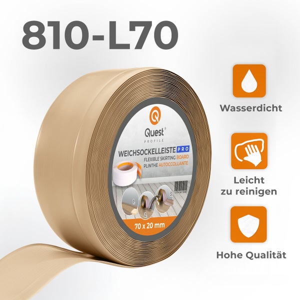 Quest Weichsockelleiste, Breite Sockelleiste 70 x 20 mm, PVC Knickleiste für Wand, Boden, Flexibel, Sandfarbe, 1 Meter