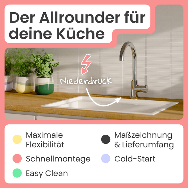 Küchenspüle mit Armatur, Niederdrucksymbol und Text über maximale Flexibilität, schnelle Montage, einfache Reinigung, Maßzeichnung, Lieferumfang und Kaltstart