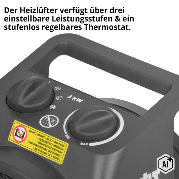 Detailansicht der Bedienelemente eines Elektroheizlüfters mit 3 Kilowatt Leistung, drei Heizstufen und einem stufenlos regelbaren Thermostat.
