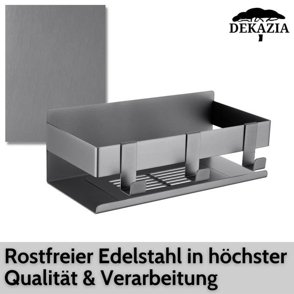 Duschablage aus Edelstahl mit Haken und Montagematerial von Dekazia Logo für die Wandmontage im Badezimmer.