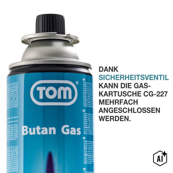TOM Butangaskartusche CG 227 mit Sicherheitsventil für den mehrfachen Gebrauch.