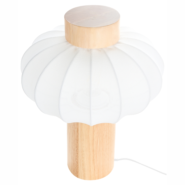 Tischleuchte mit Stoffschirm und Holzfuß