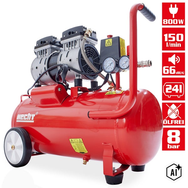 Mobiler ölfreier Hecht Kompressor mit 24 Liter Kessel, 800 Watt Leistung, 150 Liter pro Minute Ansaugleistung und 8 bar maximalem Druck.