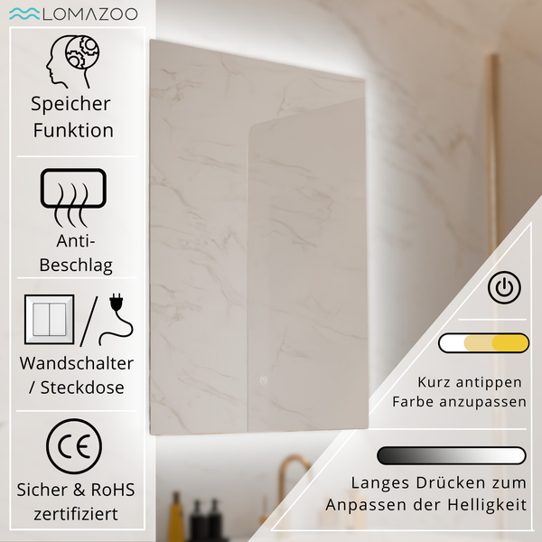 Lomazoo Badezimmerspiegel mit LED Beleuchtung Speicherfunktion Antibeschlag Wandschalter Steckdose CE und RoHS zertifiziert