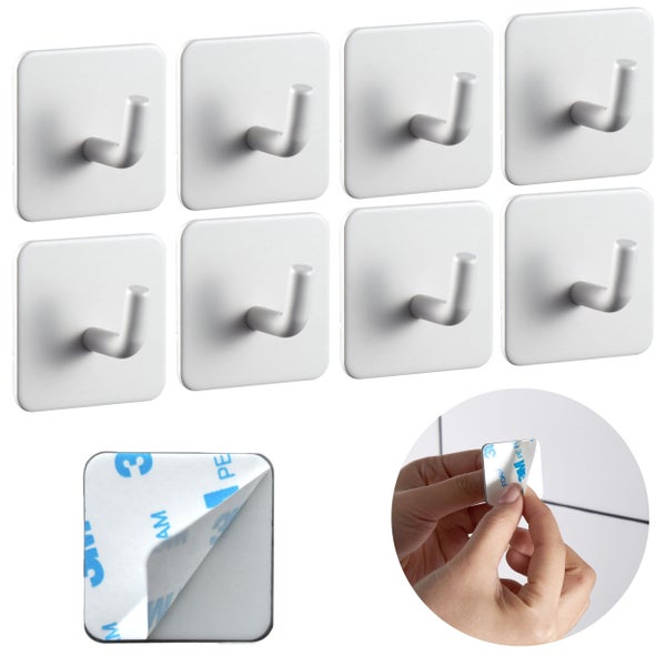 Set von acht selbstklebenden Wandhaken mit quadratischer Platte zur einfachen Montage ohne Bohren inklusive Klebefolie.